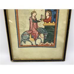 German School (14th century): 'Bruno von Hornberg' and 'Kol von Nüssen', pair prints of illuminated portraits from the 'Codex Manesse' together with print of 17th century Church writing