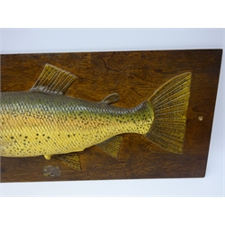  Early 20th century plaster cast and painted model of a Rainbow Trout with glass eye on rectangular oak plaque, L84cm x H33cm   