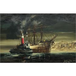 Peter Gerald Baker (British 20th century): Masted Battleship Richelieu near French Coast, oil on canvas signed and dated '79, 50cm x 75cm