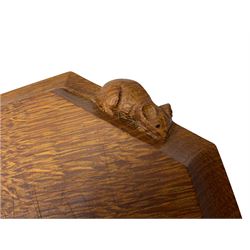 'Mouseman' oak breadboard, canted rectangular form with moulded edge carved with mouse signature, by Robert Thompson of Kilburn 