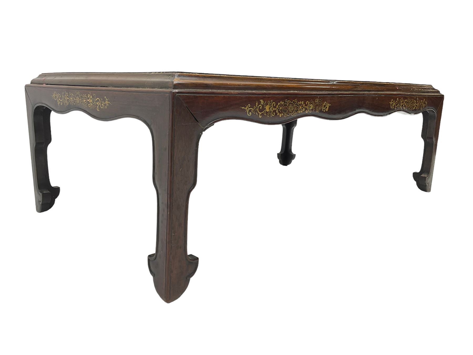 19th century rosewood opium table, rectangular top with moulded edge, the shaped apron decorated with applied brass scrolling foliate detail, raised on shaped supports with stylised leaf feet and cockbeaded edge