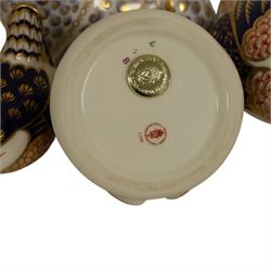 Six Royal Crown Derby paperweights, including Panda gold stopper, hamster silver stopper, Frog gold stopper etc, together with  Royal Crown Derby Honeysuckle scent bottle 