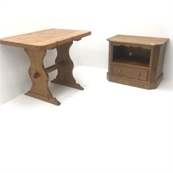 Polished pine table on shaped supports connect by stretcher (W92cm, H75cm, D89cm) and a pine television stand, single drawer (W76cm, H61cm, D45 cm)