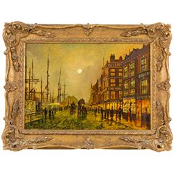 Wilfred Bosworth Jenkins (British 1857-1936): Liverpool Quay by Moonlight, oil on board signed 24cm x 35cm 
Notes: the composition is borrowed from Jon Atkinson Grimshaw's painting of the same title, now in the Tate Britain collection; Jenkins was a pupil of Grimshaw.