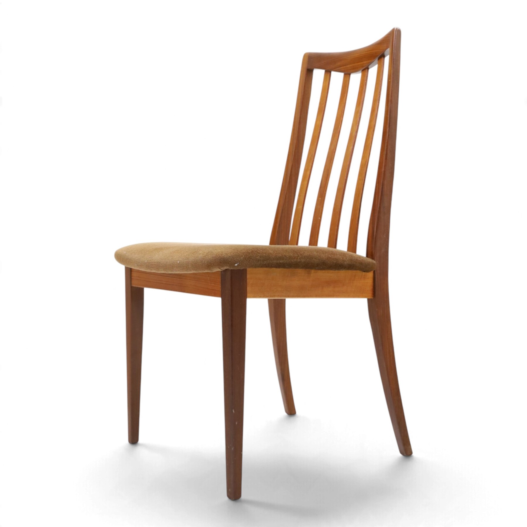 G Plan - Mid 20th century teak extending dining table and four chairs, oval top with stowed fold-over leaf extending to 208cm, raised on two shaped supports united by a stretcher 