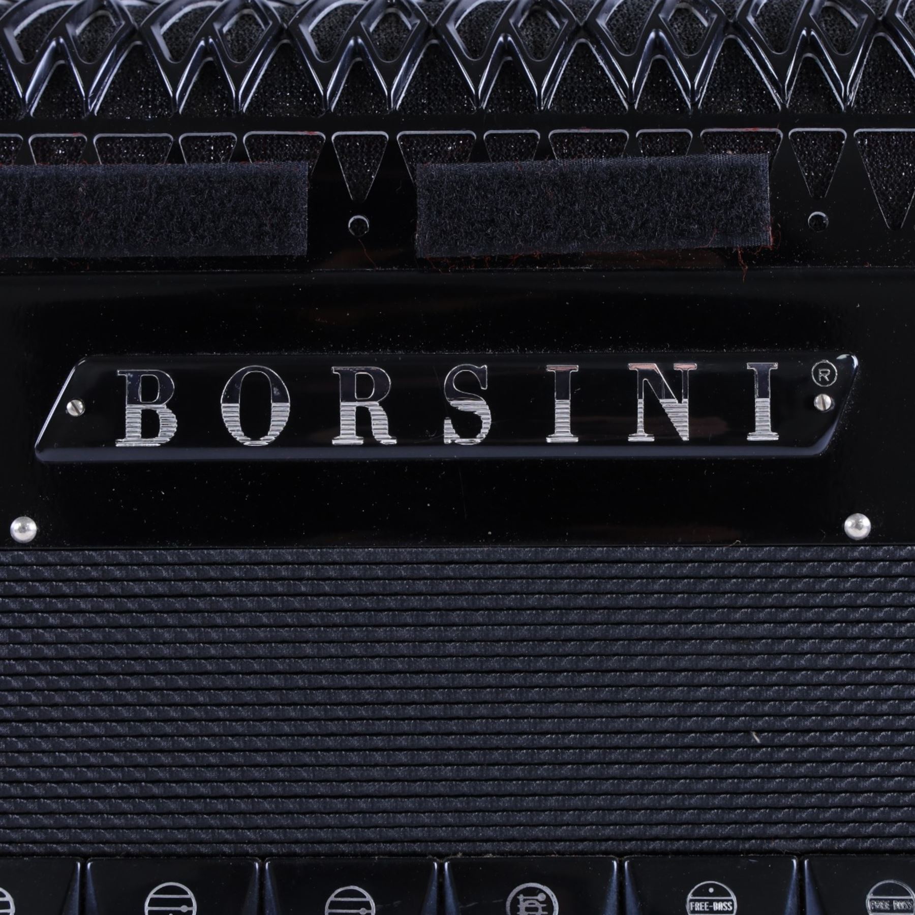 Borsini Professional 5-Row Chromatic button accordion, with 92 white pearlescent chromatic buttons and 136 bass buttons, possibly a custom model, in black high gloss case, with carry strap and original hard carrycase
