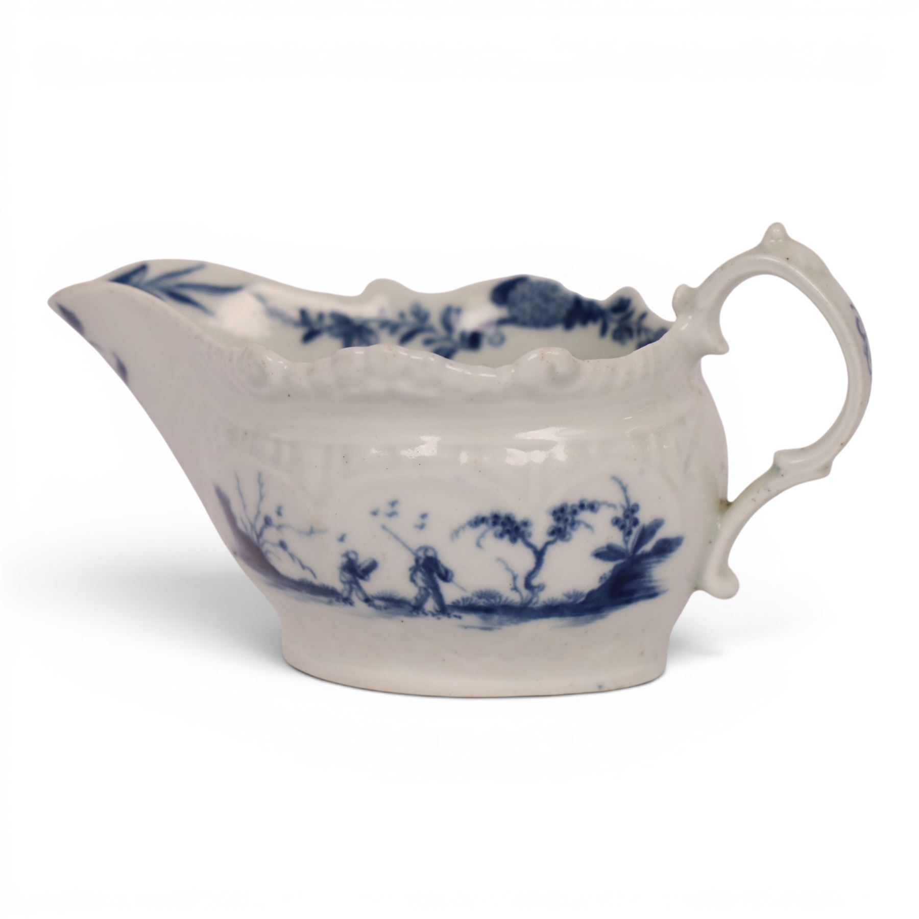 Worcester blue and white cream boat, decorated in the Two Porter Landscape pattern, circa 1765-1775, L13.5cm