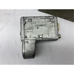 Bell Punch Company of London 'The Ultimate' five lever fare collection machine, together with an Almex ticket machine with shoulder strap, two brass Halifax transport cap badges, other chrome tramway cap badges, etc