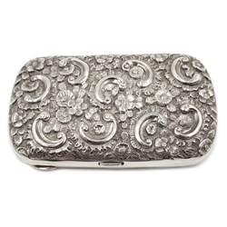  Victorian silver cigarette case, embossed flower decoration with cartouche by George Unite, Birmingham 1879, approx 2.5oz  