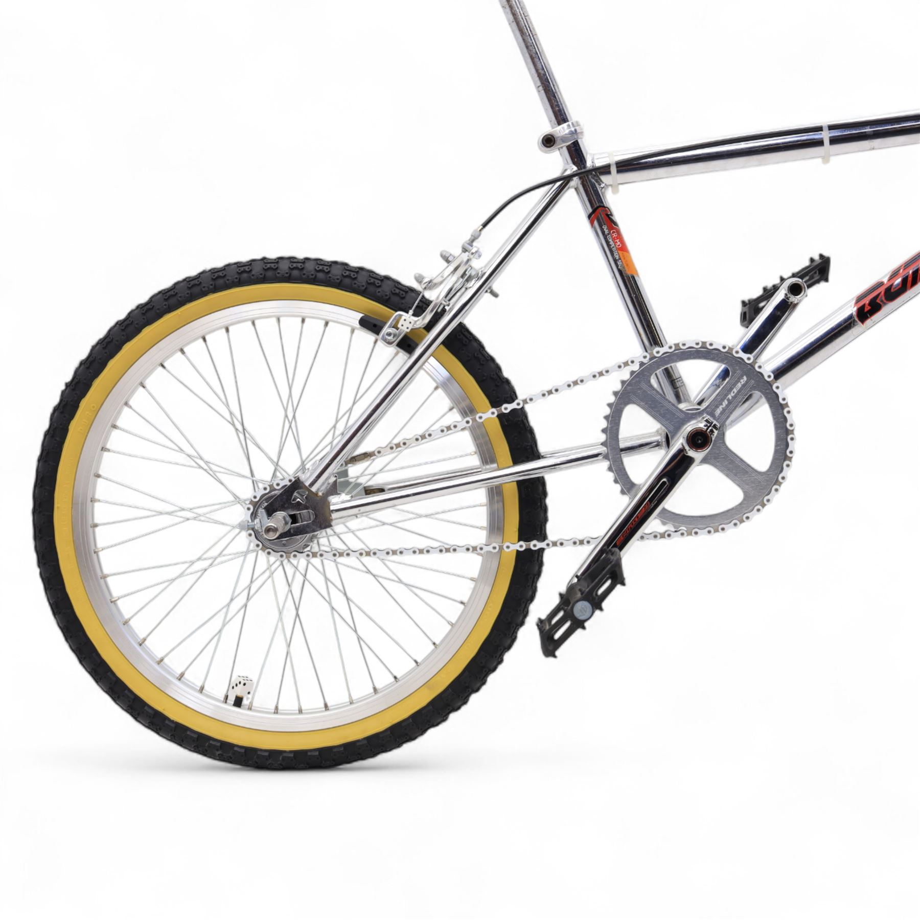 1980s Raleigh Cromo Burner BMX bike, with some original and some upgraded parts, including Oval Competition section frame and fork, Tange black rubber grips, Redline chain wheel, DMR Bikes V6 pedals and Duro Nylon F-075 tyres