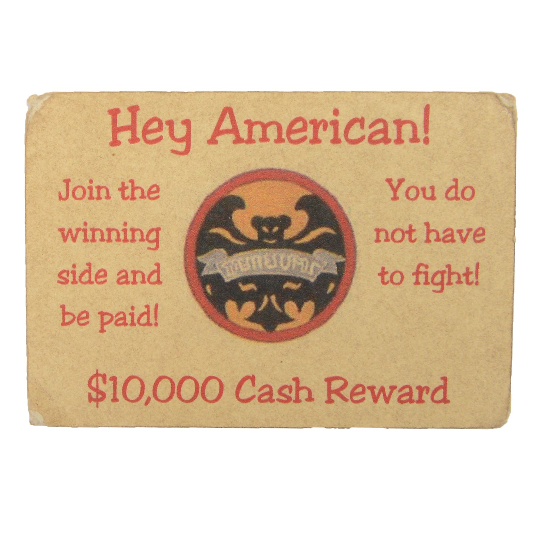 Vietnam War. North Vietnamese propaganda money card 'Hey American! $10,000 Cash Reward!', H6cm, L9cm