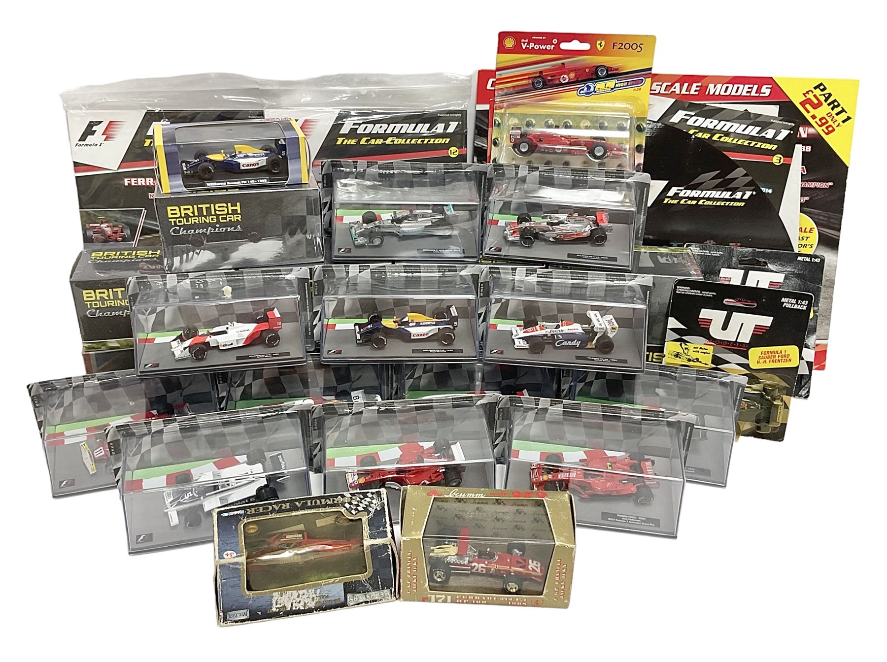 Panini Formula 1 The Car Collection - twelve blister packed racing cars and quantity of periodicals; nine mostly unopened Atlas Editions British Touring Car Champions; and six other boxed/blister packed die-cast models of racing cars