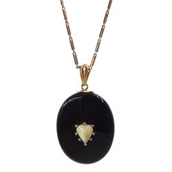  Victorian gold mounted black enamel mourning picture back pendant, the centre with heart shaped opal and diamond surround, on platinum and 18ct rose gold rectangular link necklace, with gold clip stamped 9ct