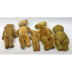 Four English teddy bears 1930s-50s including Chad Valley wood wool filled with swivel jointed head, glass type eyes and vertically stitched nose and mouth and jointed limbs H15