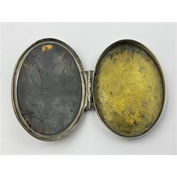 18th century silver plated oval snuff box with tortoiseshell lid inlaid with silver and mother of pearl 