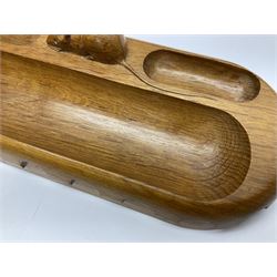 Mouseman - oak pen tray, rectangular form with rounded ends, carved mouse signature over penny moulded edge, by the workshop of Robert Thompson, Kilburn