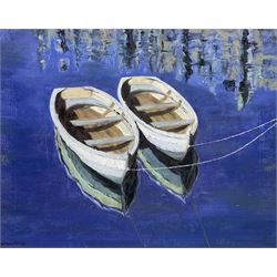 HMF Mallett (20th century): Two Rowing Boats, oil on canvas signed and dated '87, 39cm x 49cm