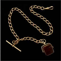 Victorian 9ct rose gold Albert chain, each link stamped 9.375, with 9ct gold bloodstone and carnelian swivel fob