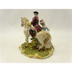  Capodimonte porcelain group depicting a courting couple gentleman on horseback handing a woman a bouquet of flowers, signed G. Cuman, H26cm.  Provenance Property of Bob Heath, Brandesburton Formerly of Ravenfield Hall Farm near Rotherham  