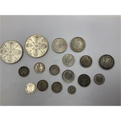 Queen Victoria silver coins comprising two double florins dated 1887 and 1889, three shillings two dated 1887 another 1890, four sixpence coins dated 1886 and three 1887, four three pence coins dated 1887, three four pence coins dated 1838, 1842, 1854 and 1887, one and a half penny coin dated 1843