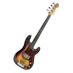  Early 1960s American Fender Precision electric bass guitar with original three-tone sunburst finish and faux tortoiseshell scratch plate; rosewood fretboard; all original fittings including chromium plated bridge and pick-up covers, finger rest, 'pots' and machines, dated on end of neck 5NOV62C, serial no.91625; L115cm overall; in Selmer simulated reptile skin covered carrying case. Sold with non-transferrable CITES A10 licence, certificate no.23GBA10CNKKEB, serial no.441200, dated 30th August 2023. Also included are original 1960s photographs of the band 'The Rascals' and photocopies of newspaper cuttings advertising their forthcoming performances along with a photocopy of a photograph of their television appearance on 'Opportunity Knocks' in 1967/8 (coming second to Mary Hopkins). In addition there is a reel-to-reel tape recording and USB stick of the band playing and two sheets of biographical information. Auctioneer's Note: The guitar was ordered by Trevor Parker from Pat Cornell's Music Shop, Spring Bank, Hull and imported from the USA in 1962, well before it was available in the UK. Trevor was the bass guitarist of The Rascals from Hull, later The Ides of March, who supported artists such as Elton John on the Hull circuit. Trevor played the guitar extensively until 1969 when The Rascals disbanded, he got married to Maureen and settled down to family life. Trevor sadly passed away in 2017, and after being in store for fifty-four years his widow has decided it is time for his guitar to be sold.