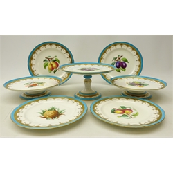  Late Victorian Minton dessert service hand painted with fruit within a gilded border on turquoise ground comprising four dessert plates, two low and one tall tazza, pattern no. G721, c1875 (7) Provenance Property of Bob Heath, Brandesburton Formerly of Ravenfield Hall Farm near Rotherham  