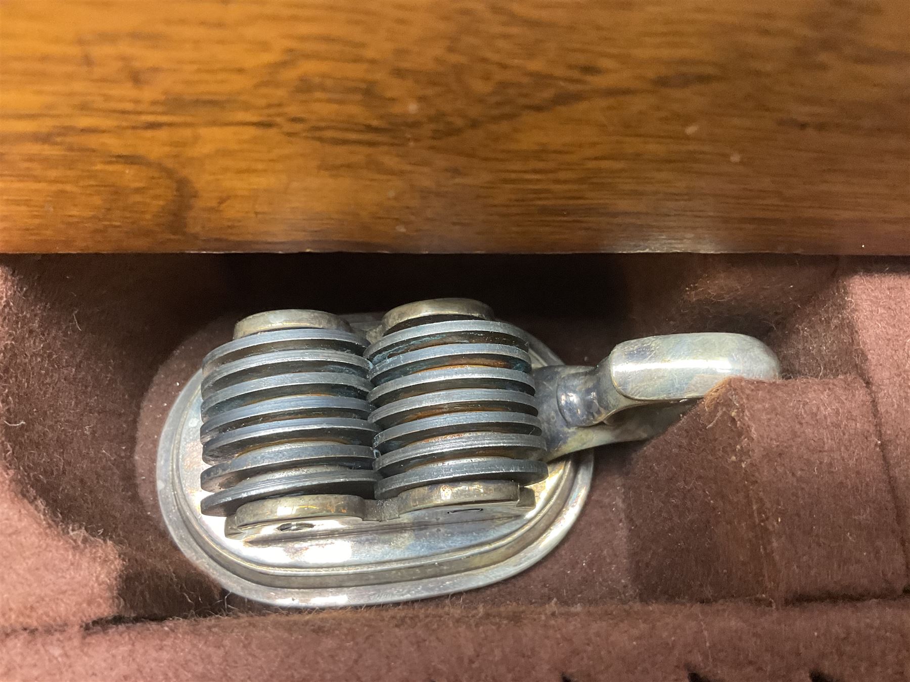 Elkington & Co part canteen of silver plated and stainless steel cutlery, to include simulated ivory handled examples, housed in oak and mahogany case, lock plate stamped 'Acme, British Made', W49cm D31cm H18cm