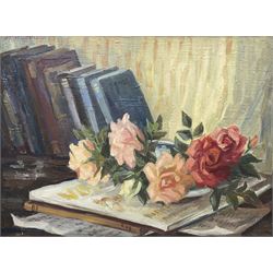 Joan H Miller (British 20th century): Still Life with Books and Roses, oil on canvas signed 44cm x 59cm
