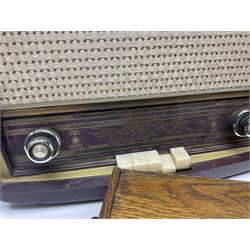 Early 20th century burr walnut tea caddy, Art Deco wooden box, wicker basket with bottle holders and a 1950s Stella radiogram