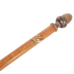 Turned wooden tipstaff, with hand painted decoration and acorn shaped finial, L57cm
