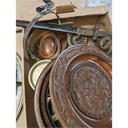 Silver plate tray together with coffee pot, wooden biscuit barrels, brass pan etc  