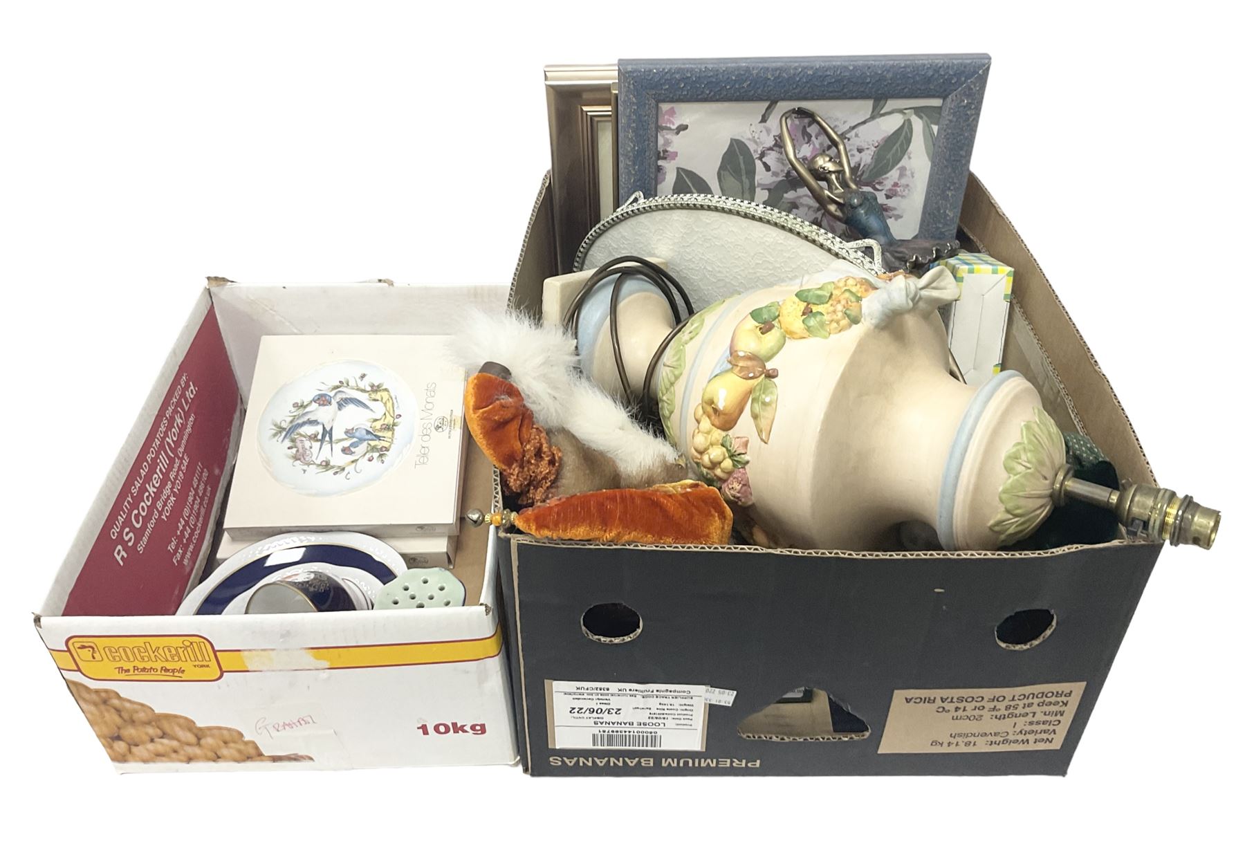 Echt Kobalt tea wares, comprising of tea cup, saucer and dessert plate, together with two Hutschenreuther plates of the month, another similar plate and a Ironstone hatpin holder, 'Gateway to the Moors North Yorkshire' oval oil on board signed by Valerie Barnaby, framed needlework, Leonardo Collection figure group, dressing table set, lamps etc in two boxes