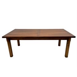 Contemporary French farmhouse design cherry wood dining table, rectangular bordered top on square chamfered supports 