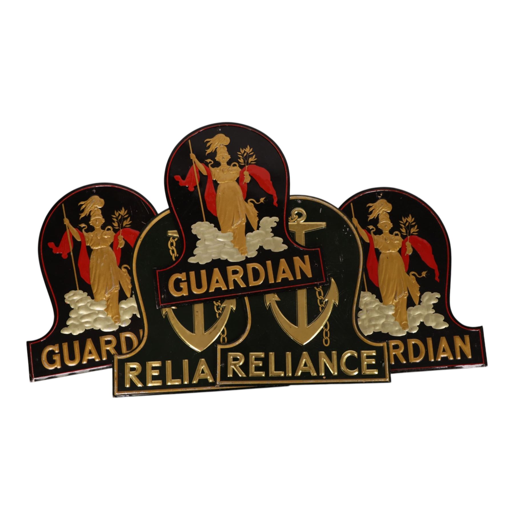 Group of eight fire insurance marks, comprising four Guardian Assurance Company, two Reliance Insurance Company, one Caledonian Insurance Company and one French La Fondiaria, Guardian example H23cm