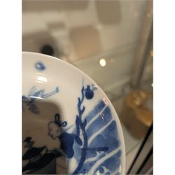 Pair of Chinese blue and white tea bowls, one with cover and four saucers, depicting two figures on a boat at sea, tea bowl H7cm