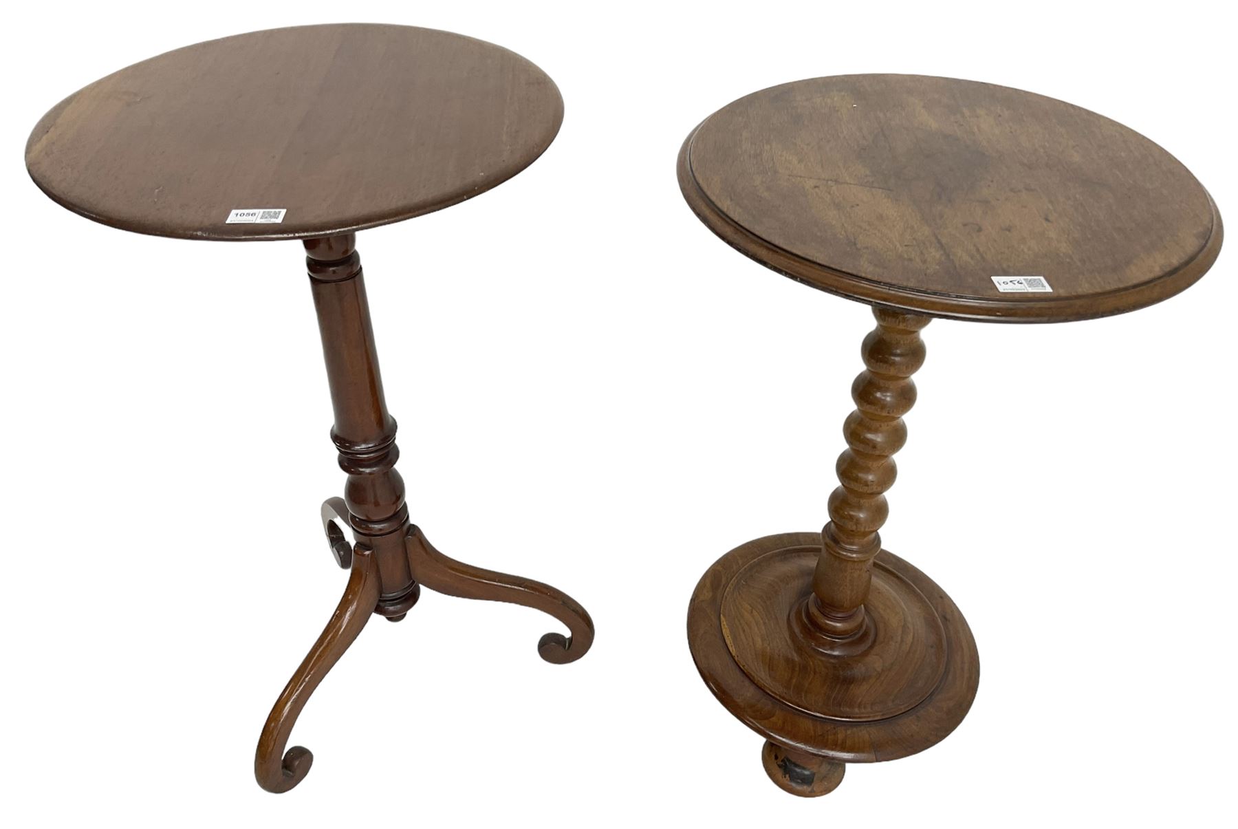 19th century walnut occasional table, circular moulded top on bobbin turned stem, circular moulded base on compressed feet (H70cm); 19th century walnut tripod table, circular table on turned stem, on splayed supported with scrolled terminals (H74cm)