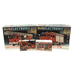 Two Revell Electronic 1/24th scale model kits of fire-engines - Mercedes Benz 1017 LF16 and part constructed Mercedes Benz 1422 DLK 23-12; together with Revell 1/24th scale firemen figures; and Airfix 1/32nd scale model kit of a Dennis Fire Engine; all boxed with instructions (4)