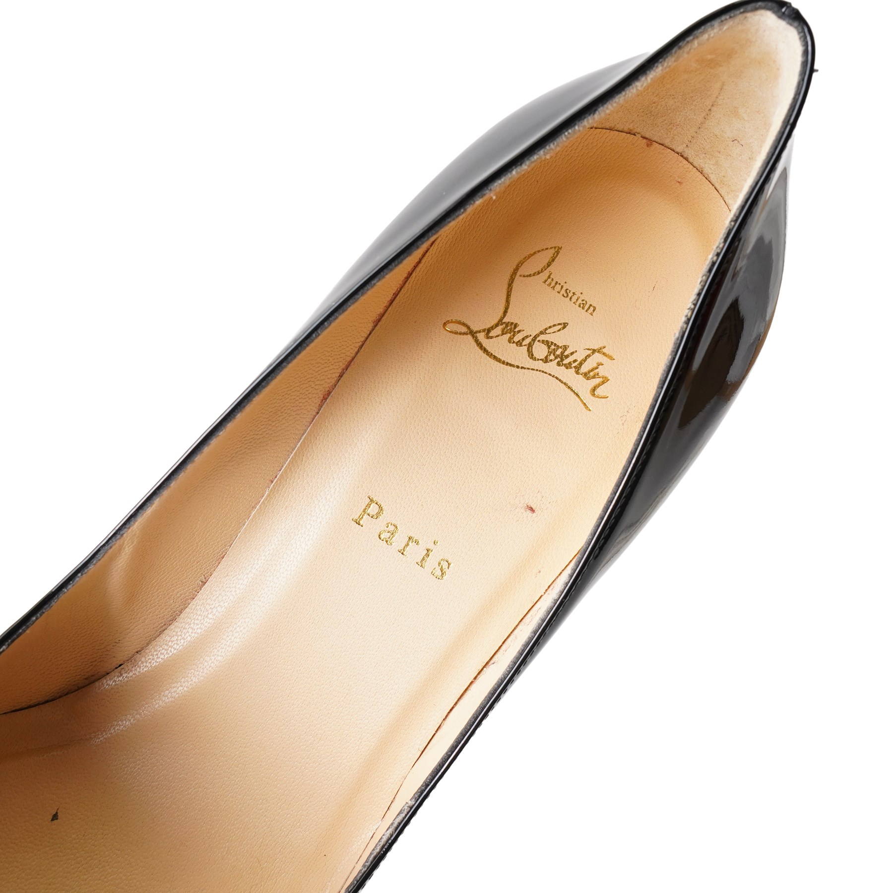 Christian Louboutin - black patent leather high-heeled stiletto court shoes, with pointed toes, stiletto heels and signature red lacquered soles, size 40, with original box and red dust bag