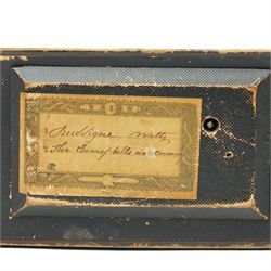 Mid 19th century leather fan case with plush lined interior and fitted with a two air musical movement on sort turned supports L36cm