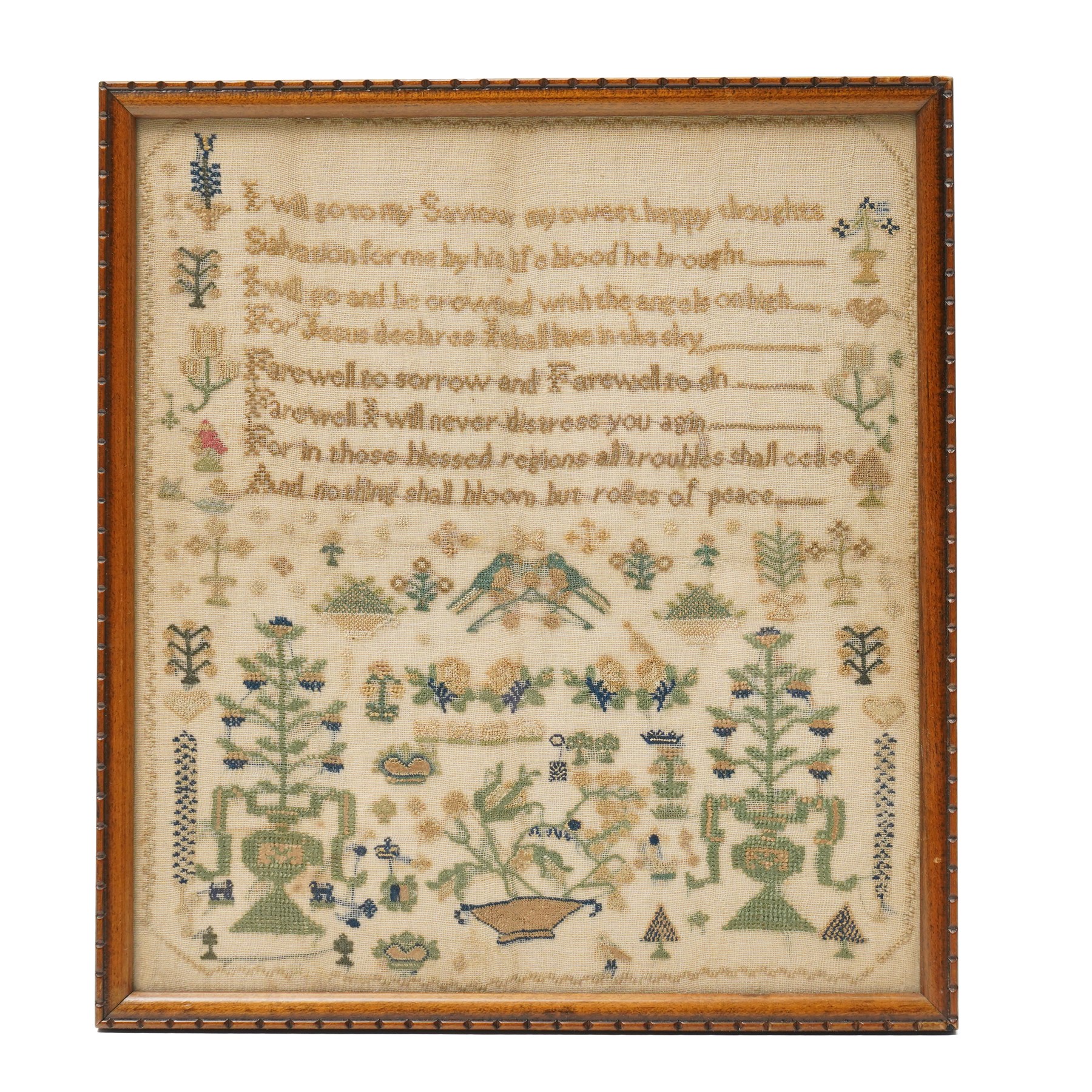 Victorian embroidered sampler, containing verse 'I will go to my saviour my sweet happy thoughts, salvation for me by the life blood he brought ....', together with motifs of trees, flowers and birds, H22.5cm x W20cm
