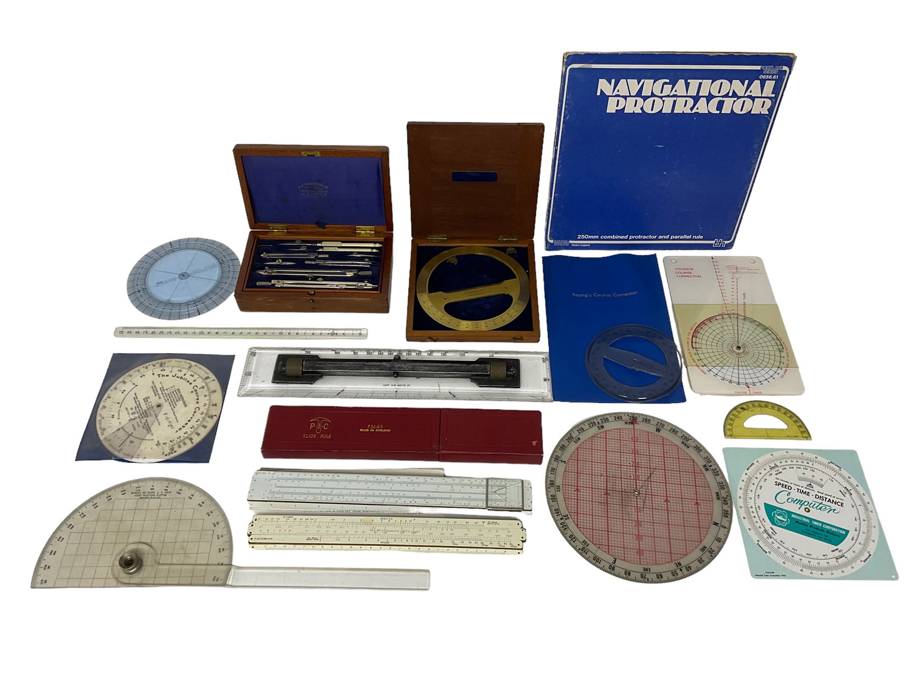 Brass 360 precision drafting protractor by Chadburn bros, in mahogany case, A G Thornton Drawing instruments in a mahogany case, together with P.I.C slide ruler, Nautical protractors etc 