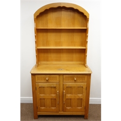  Oak Dutch style dresser, arched raised back with two shelves, above two drawers and two cupboard doors, W92cm, D41cm, H176cm  