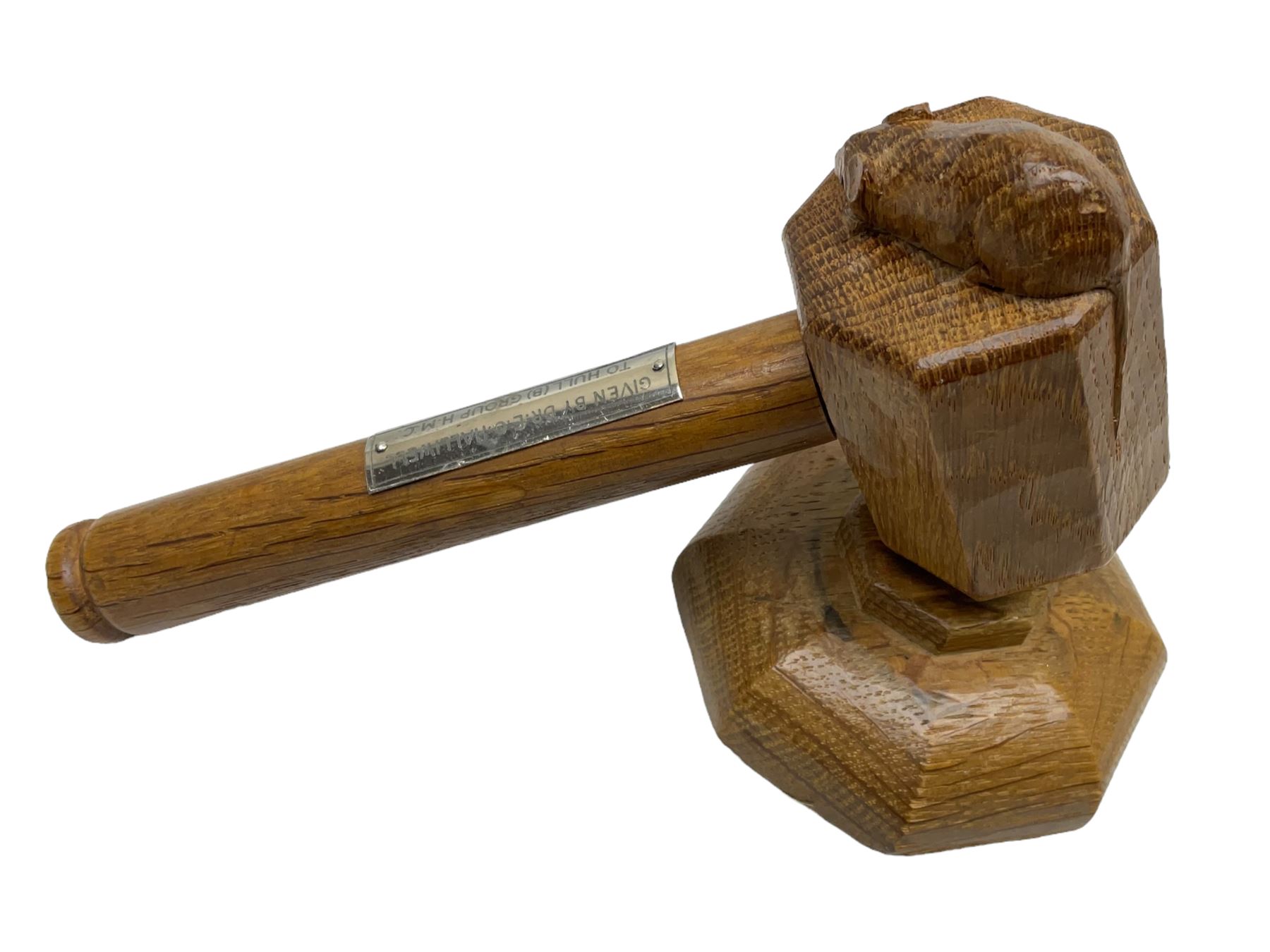 Mouseman - oak gavel and block, the octagonal head with carved mouse signature, the block of octagonal stepped form with baize lined underside, by the workshop of Robert Thompson, Kilburn, L17.5cm