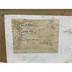 E Charles Simpson (British 1915-2007): 'Sawdon Ryedale', oil on board signed, titled and dated Summer 1986 verso 29cm x 37cm