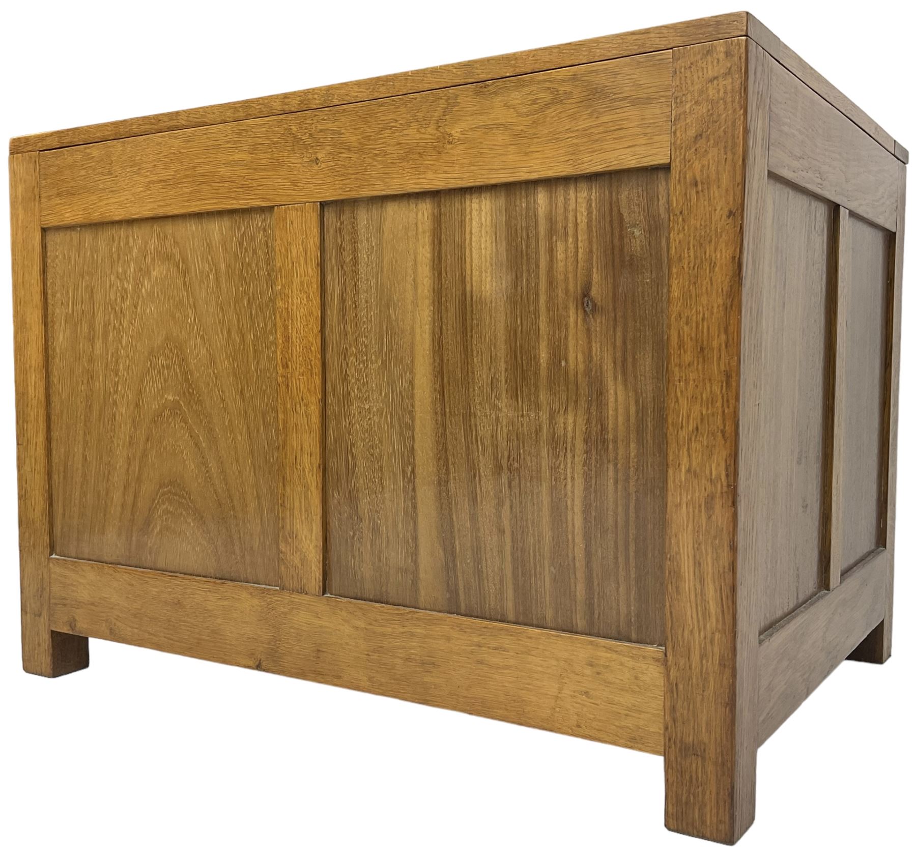 20th century panelled oak blanket chest, rectangular hinged top, raised on square supports