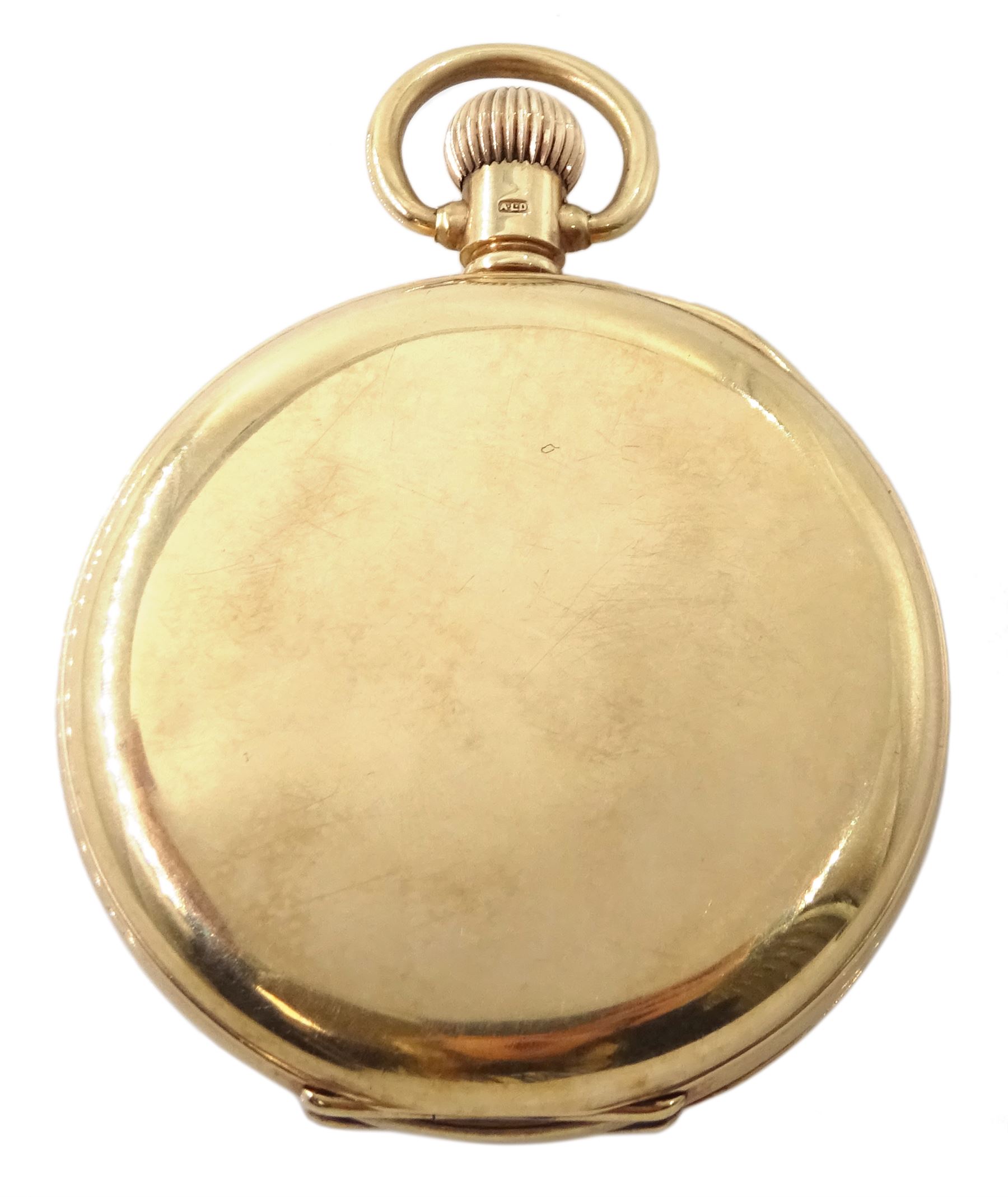 9ct gold full hunter keyless lever presentation pocket watch by R.Gilbert & Sons Ltd 'Makers to the Admiralty', Coventry & Barrow, No. 191951, white enamel dial with Roman numerals and subsidiary seconds dial, case by Dennison, Birmingham 1915