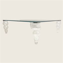 Gallotti and Radice - contemporary glass coffee table, rounded square top on turned vasiform glazed supports 