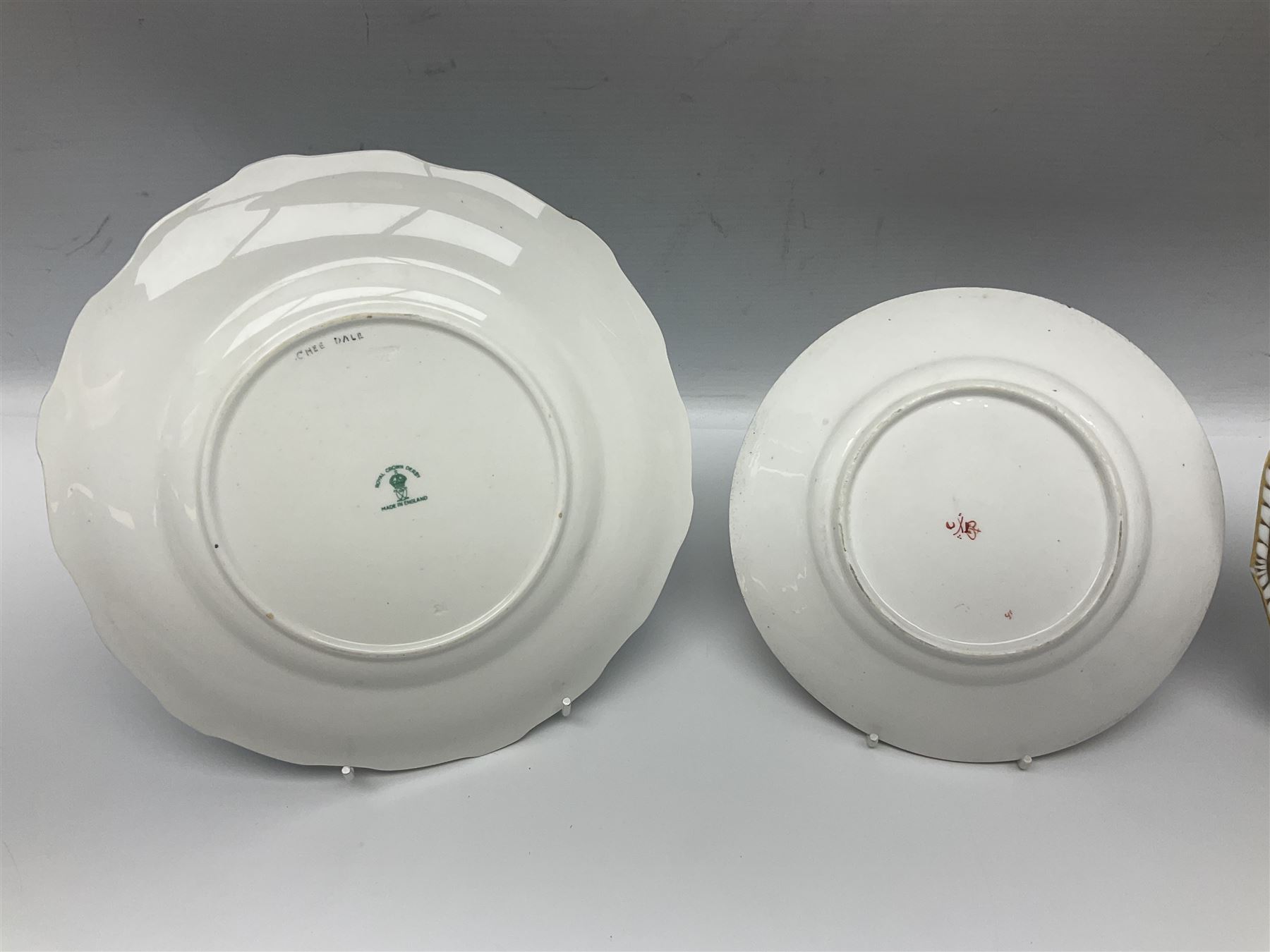 19th century Royal Crown Derby in cherry tree pattern, twin handled sauce dish and saucer and twin handled dish, together with three Royal Crown Derby plates, including one signed WEJ Dean