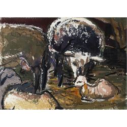 F H (Contemporary): Ewes with Lambs, watercolour and charcoal signed with initials 'FH' and 'F?AH' 27cm x 37cm