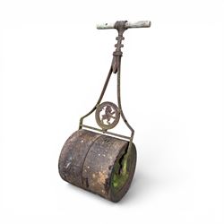 Edwardian cast iron garden roller, set with circular Lion plaque, wooden handle